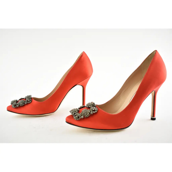 Manolo Blahnik Hangisi 105 Rosso Red Satin Crystal Jewel Buckle Heel Pump 36.5 - Picture 10 of 12